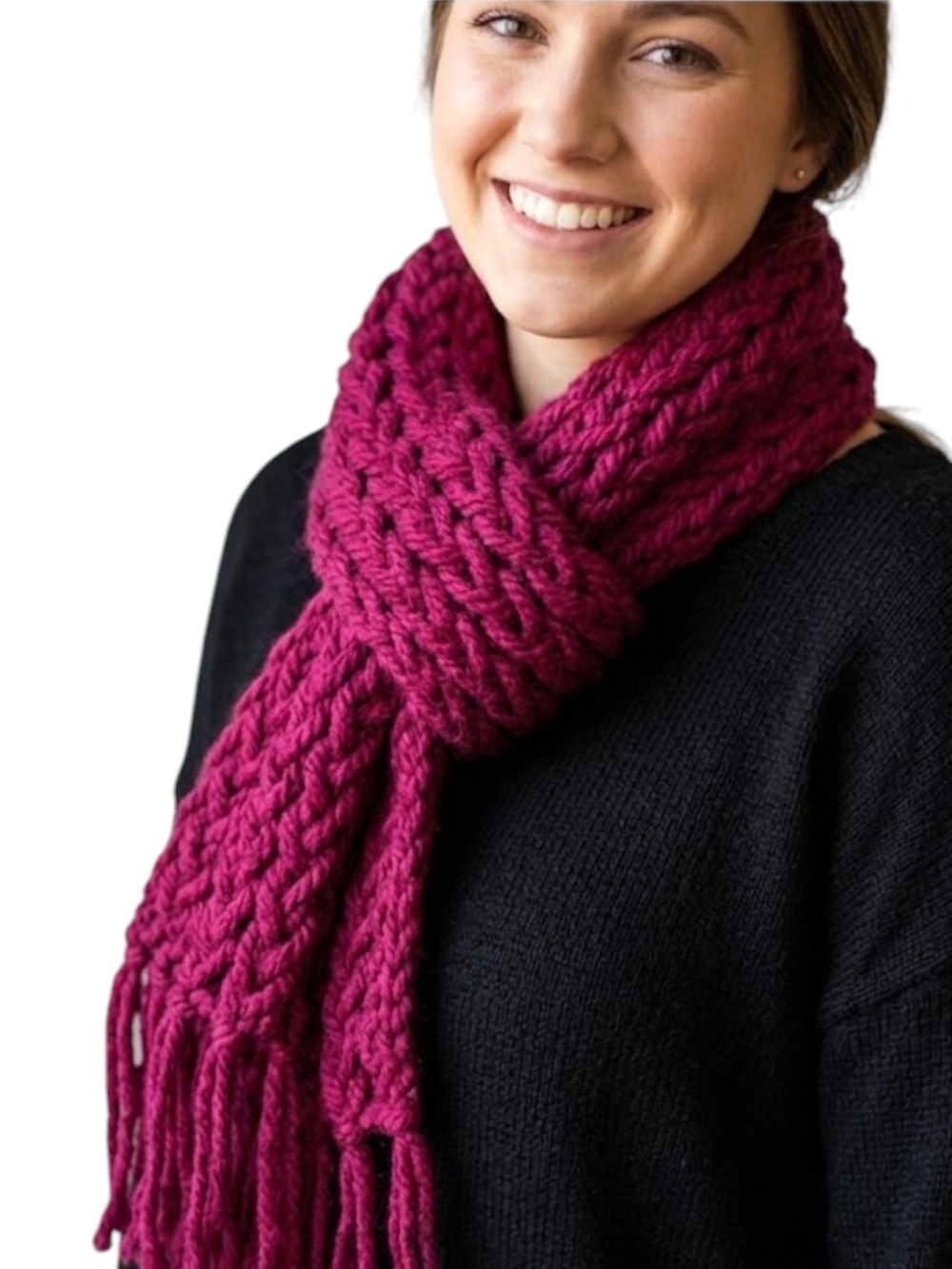 Handmade Burgundy Chunky Knit Scarf with Fringe Tassels - Boho Winter Wrap